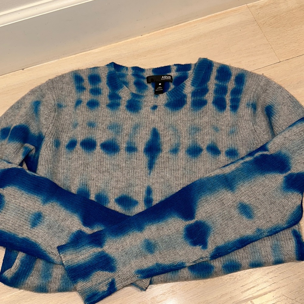 Aqua cashmere tie dye blue and gray sweater